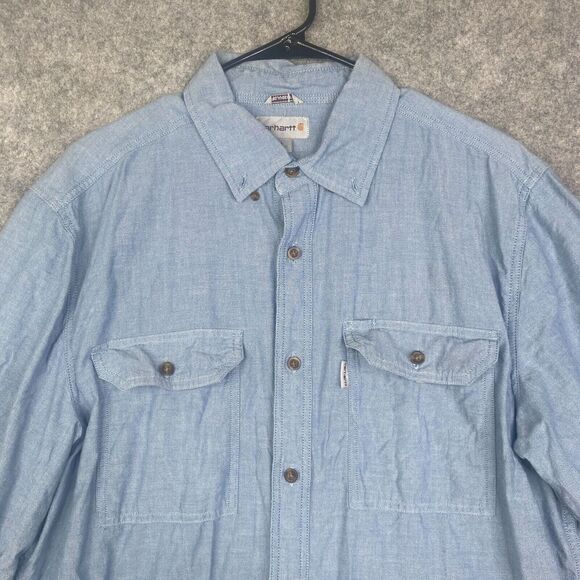 Carhartt Men Large Blue Chambray Short Sleeve Shirt S200 CBL Work Chore - Picture 2 of 8